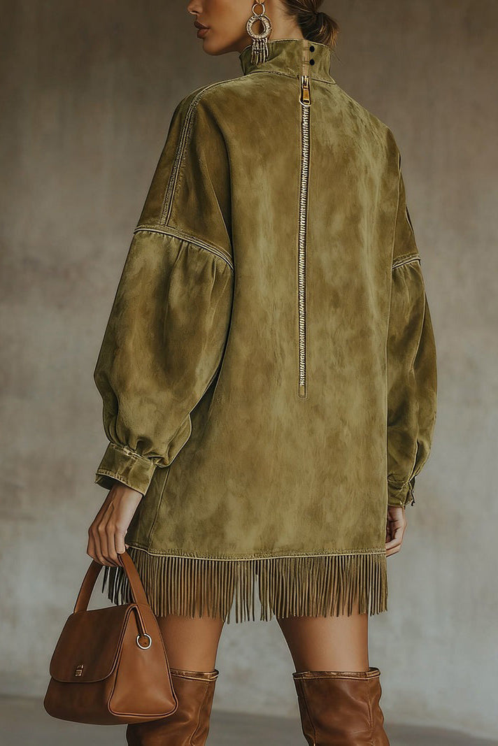 Olive Faux Suede Turtleneck Dress With Fringe Hem