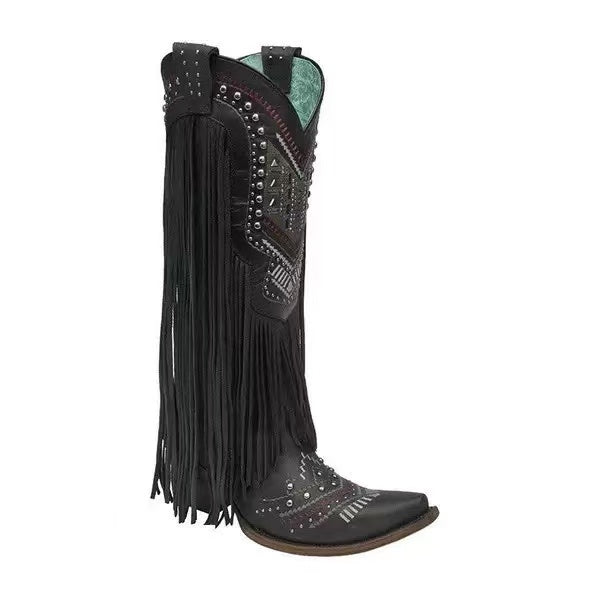 Genuine Leather Detailed Fringe Cowgirl Boots