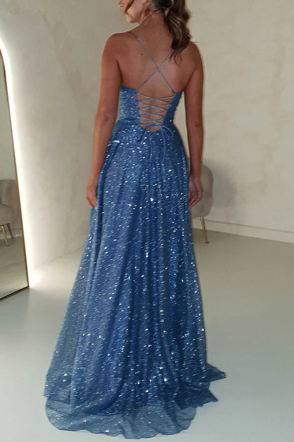 Cowl Neck Back Lace-up Pocketed Slit Maxi Dress