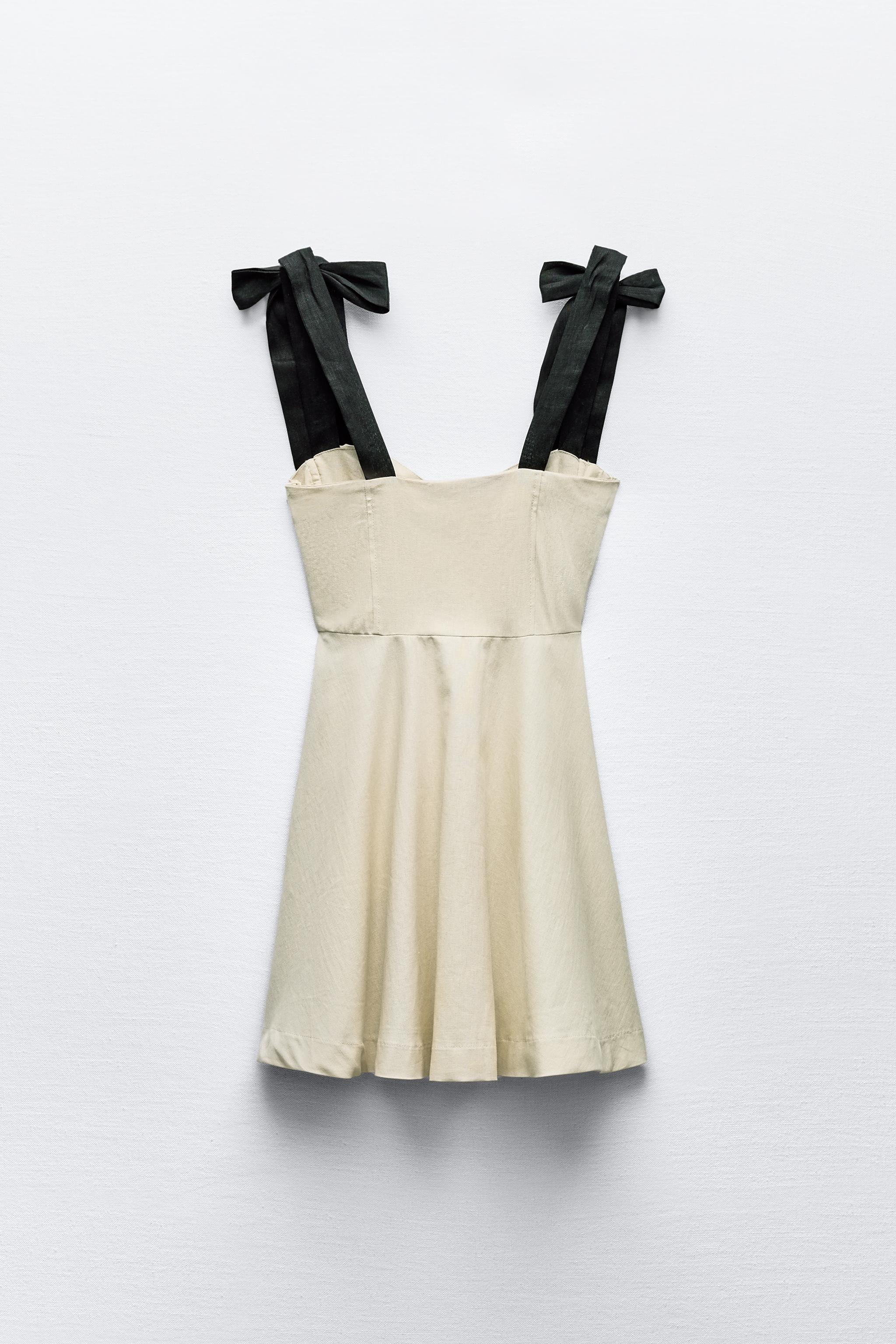 Linen Blend Mini Dress - Contrast Bow Detail Summer Dress
