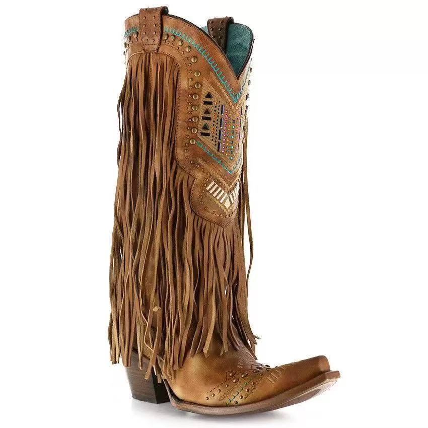 Genuine Leather Detailed Fringe Cowgirl Boots