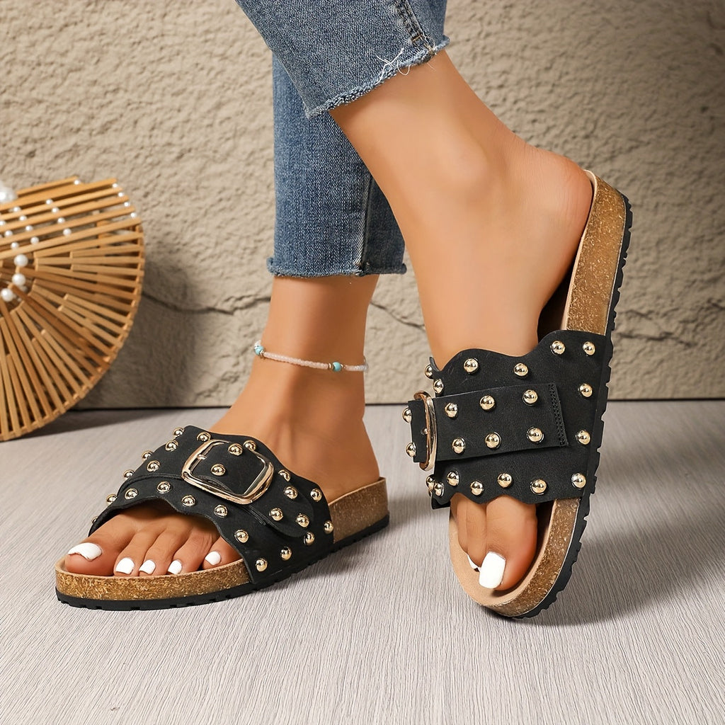 Black Rivet Slide Sandals