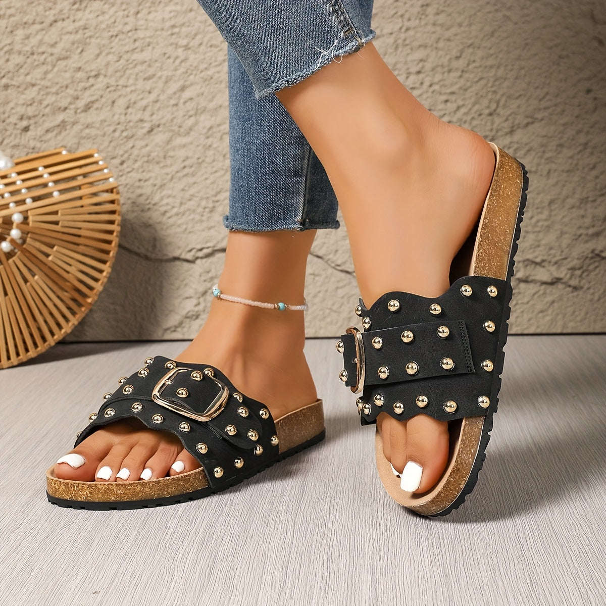 Black Rivet Slide Sandals