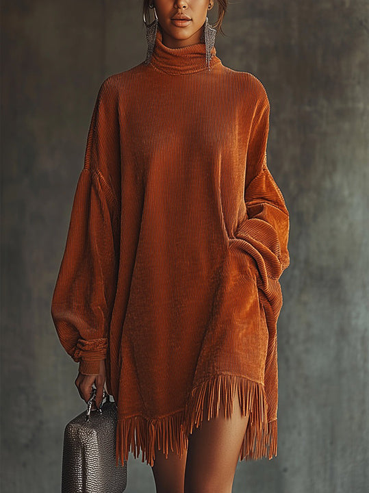 Orange Corduroy Loose Tassel Hem High Collar Dress