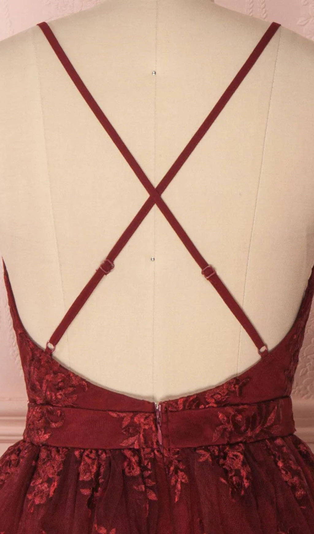 Burgundy Prom Dress - V-Neck Tulle Lace Short Party Dress