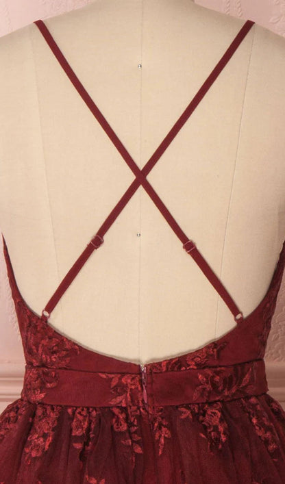 Burgundy Prom Dress - V-Neck Tulle Lace Short Party Dress