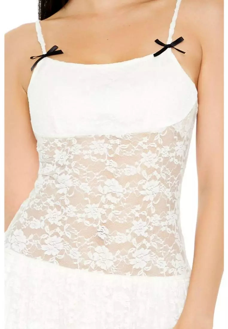 Sheer Lace Bow Mini Dress in white
