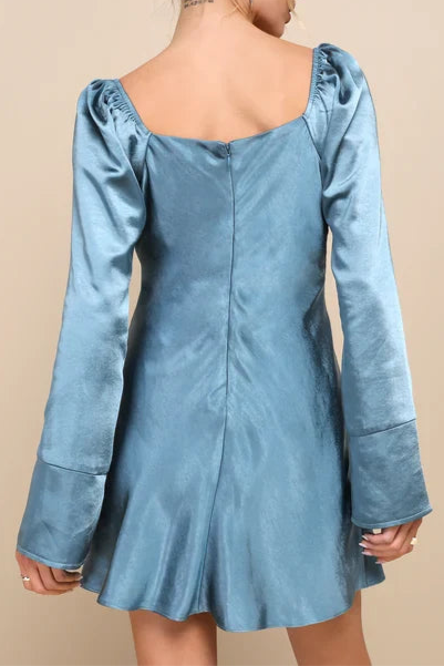 Sensational Fate Slate Blue Satin Cowl Neck Mini Dress