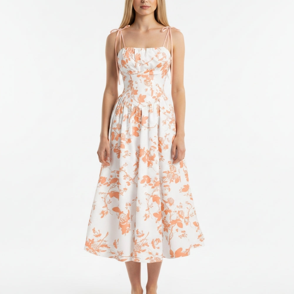 Smocked Floral Square Neck A-line Midi Dress