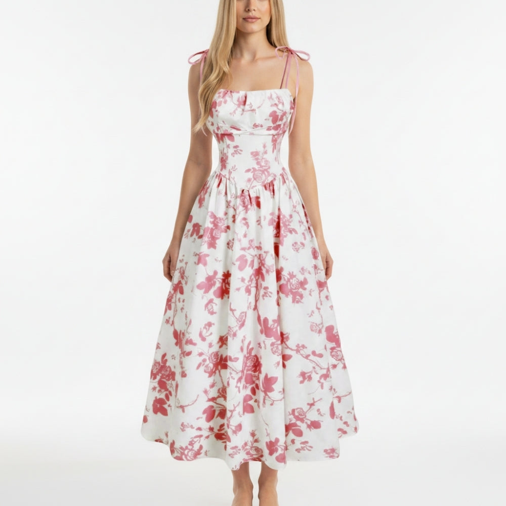 Smocked Floral Square Neck A-line Midi Dress