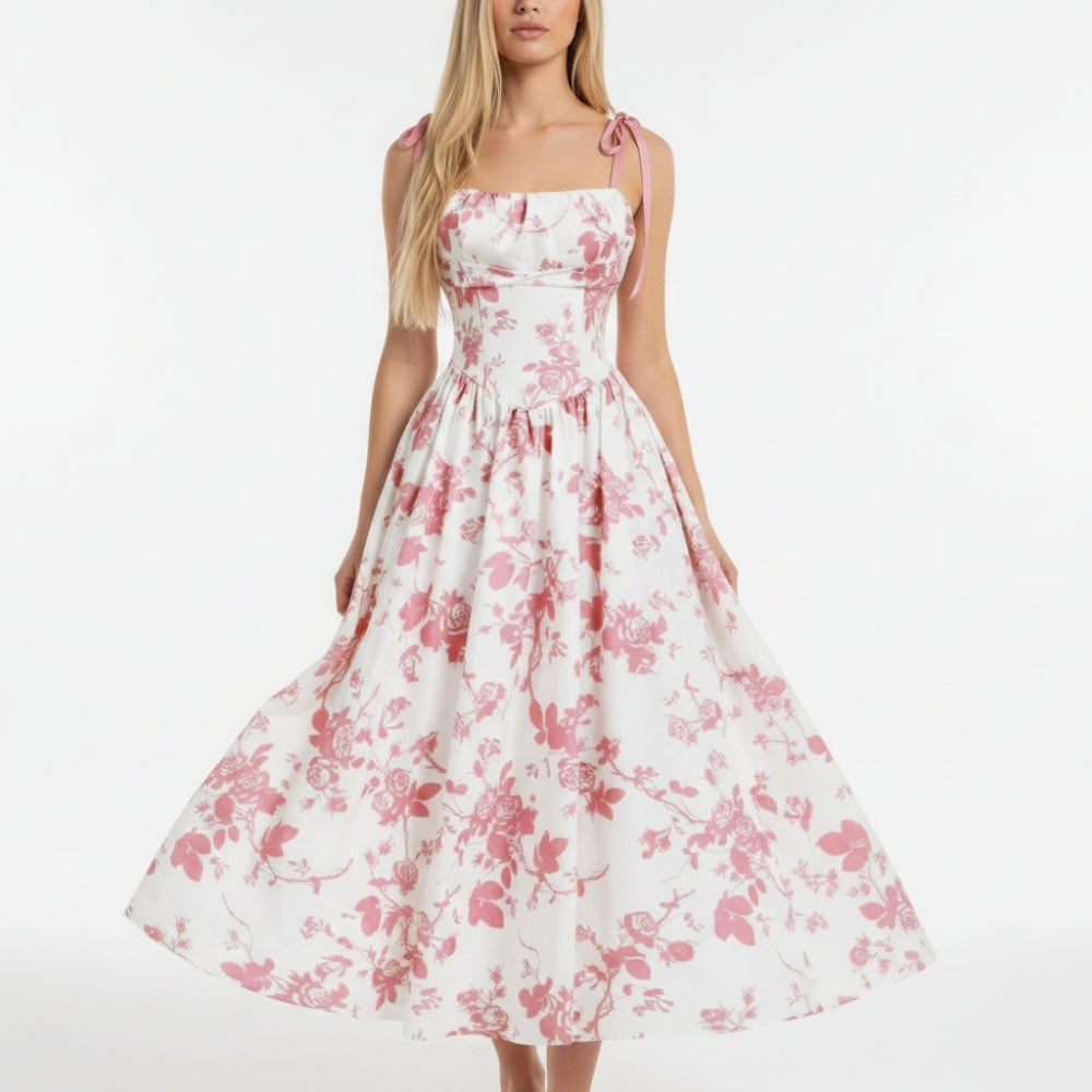 Smocked Floral Square Neck A-line Midi Dress