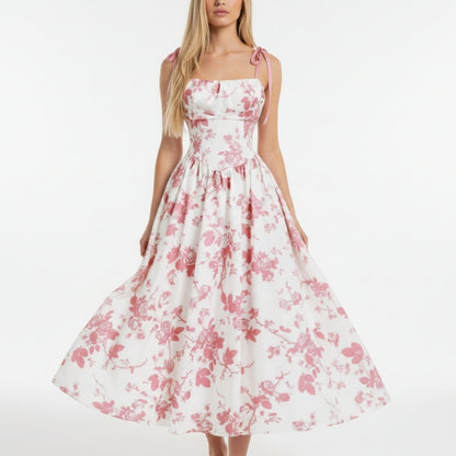 Smocked Floral Square Neck A-line Midi Dress
