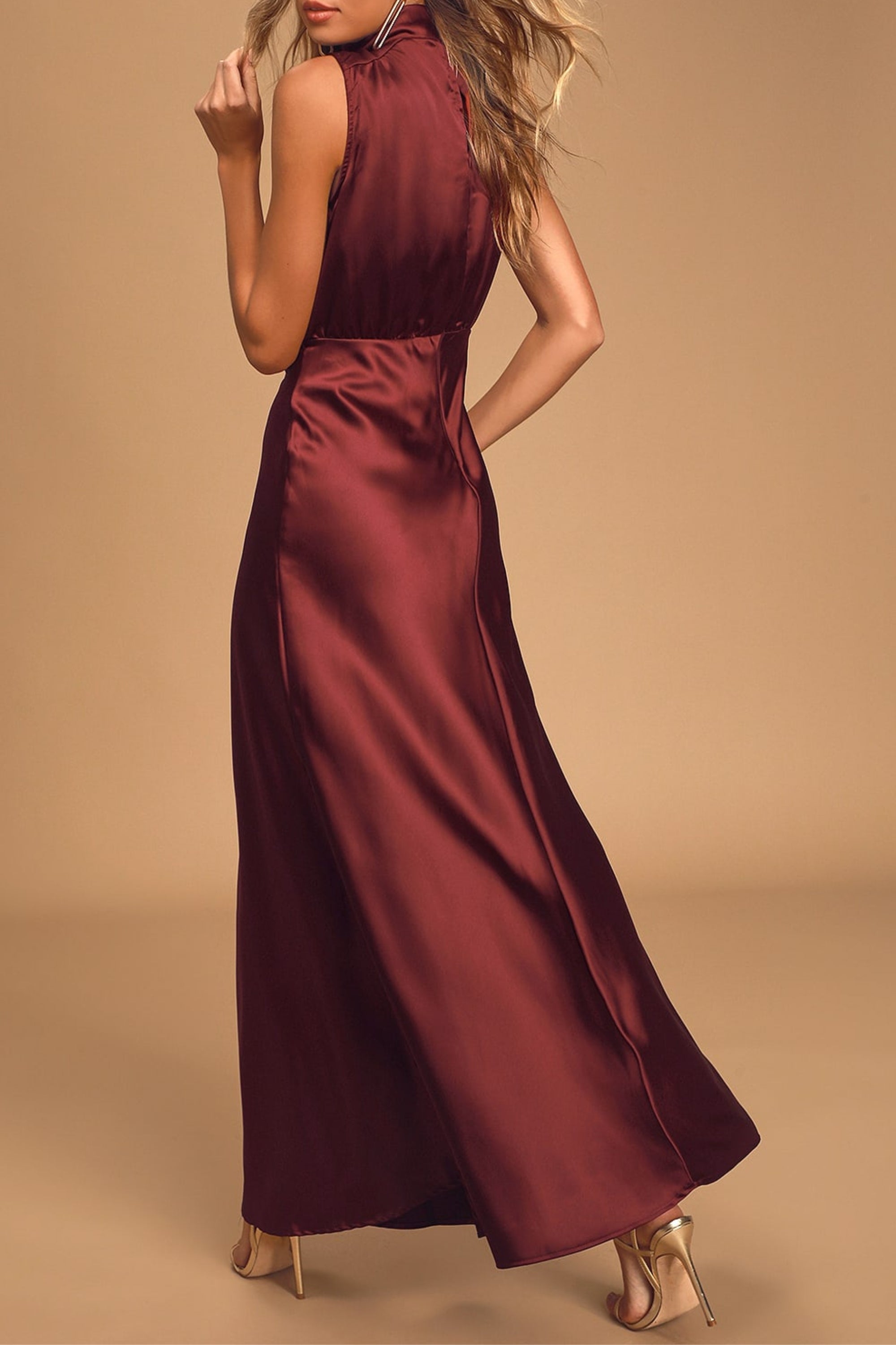 Wine Satin Maxi Dress