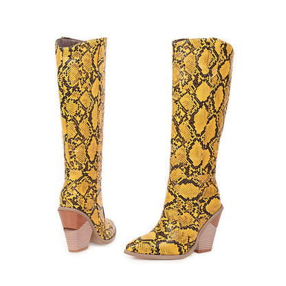 Python pattern patent leather shaped wedge mid-calf shoes