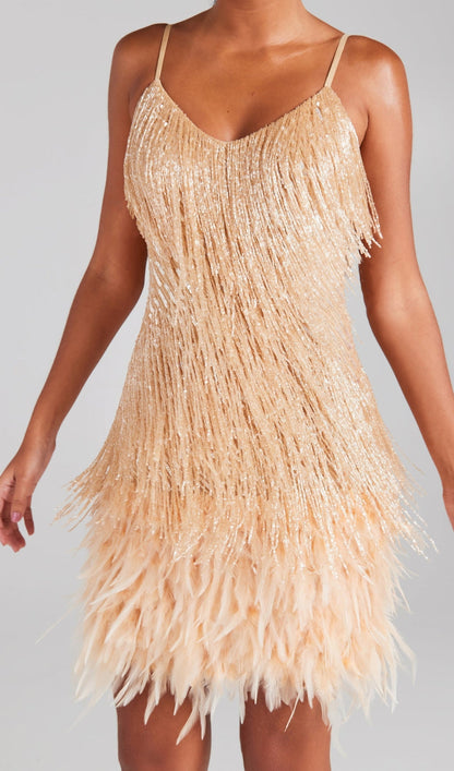 Emerald Tassel Feather Mini Dress - Luxe Green Party Dress
