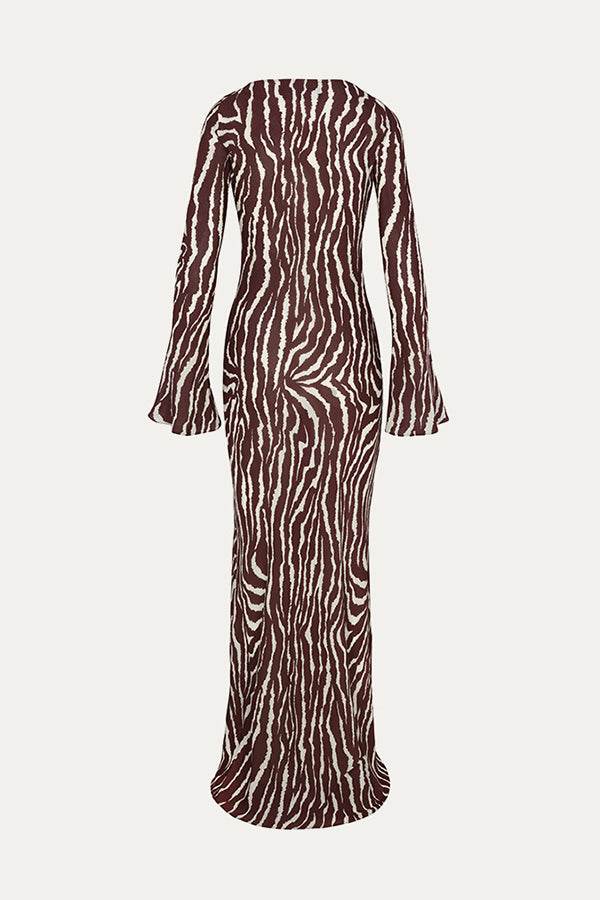 red Print Boat Neck Long Bell Sleeve Bias Cut Maxi Dress