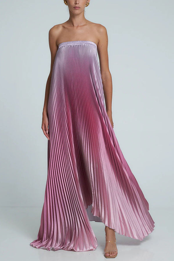 Satin Pleated Elastic Bust Strapless A-line Gown Maxi Dress