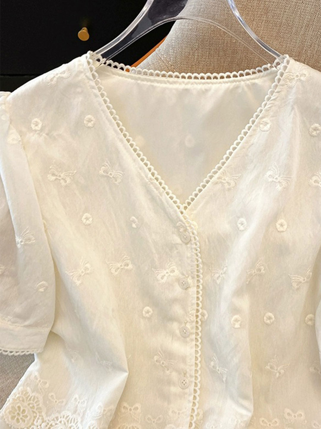 sabina Loose V-Neck Hollowed Lace Top