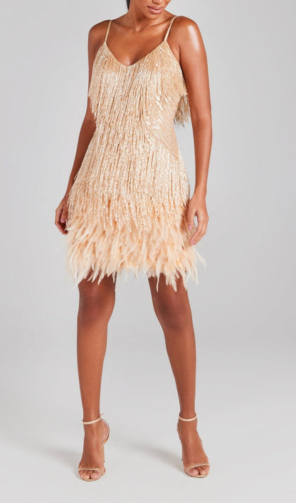 Emerald Tassel Feather Mini Dress - Luxe Green Party Dress