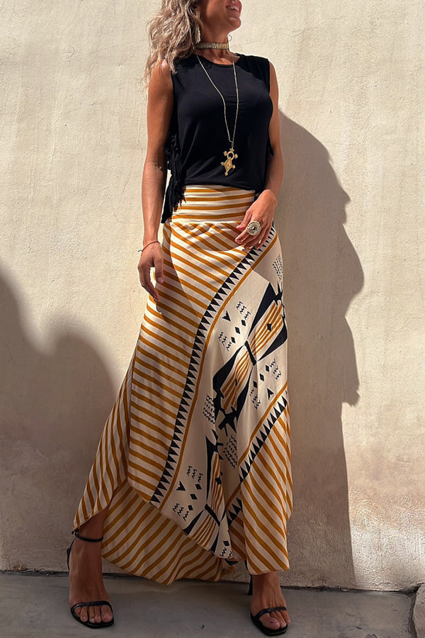 kelly Satin Geometric Print Elastic Waist Maxi Skirt