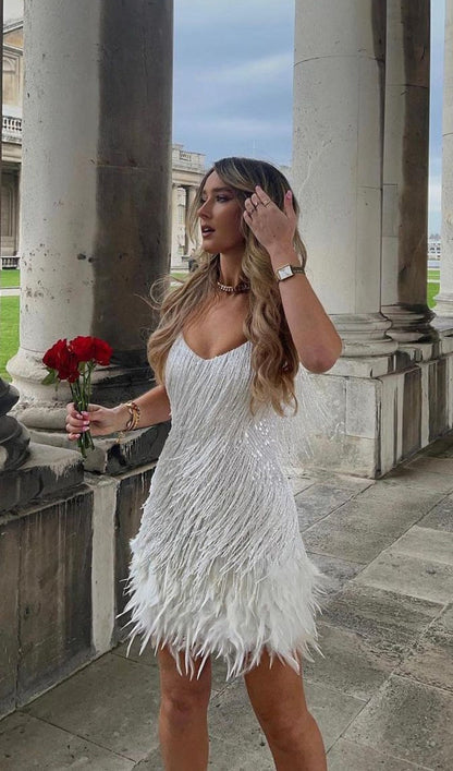 Emerald Tassel Feather Mini Dress - Luxe Green Party Dress