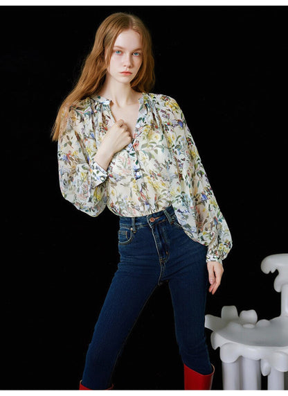 French-style chiffon floral print blouse with drape