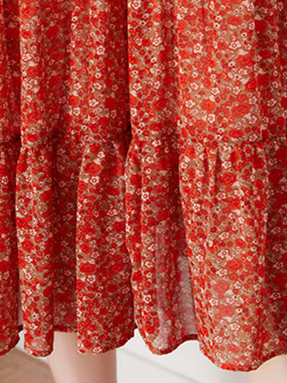 lyuba Vintage Ruffle Floral Chiffon Maxi Dress