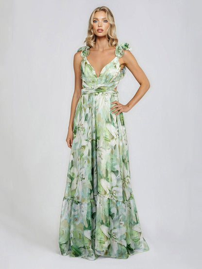 Lily Print Tiered Ruffle Shoulder Maxi Dress