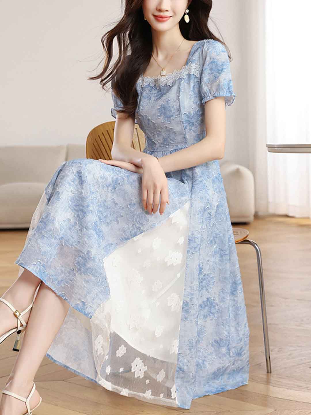 penny Elegant Square Neck Jacquard Waisted Dress