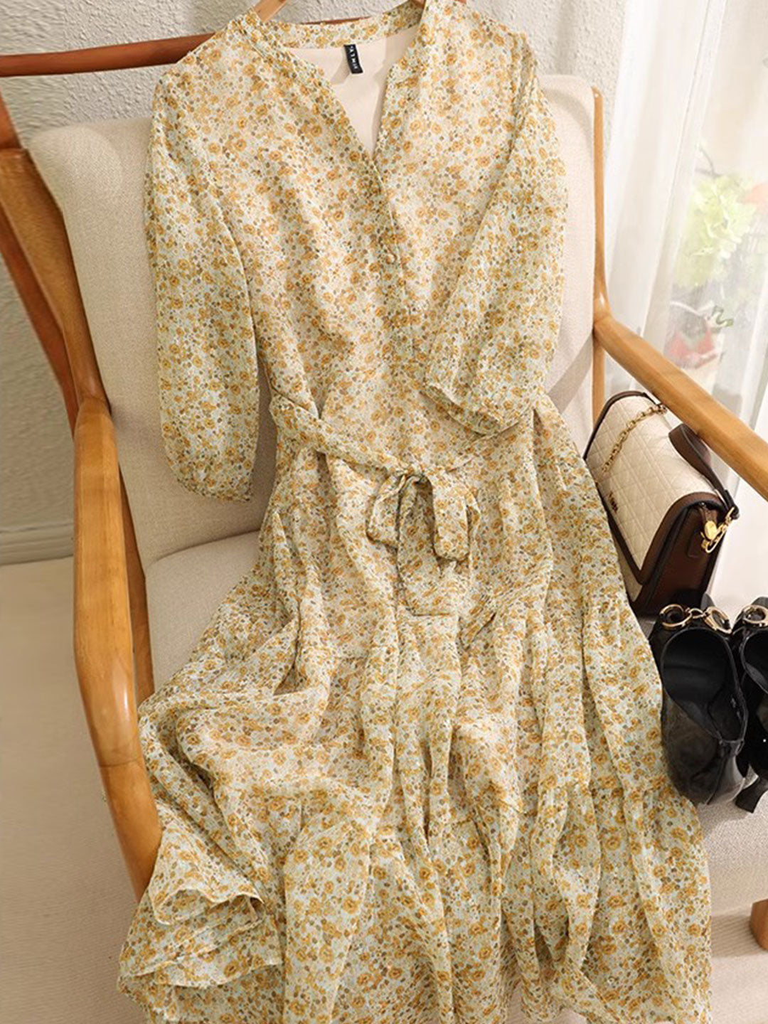 lyuba Vintage Ruffle Floral Chiffon Maxi Dress