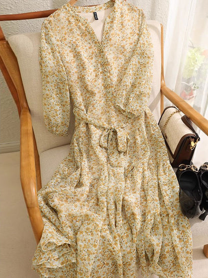 lyuba Vintage Ruffle Floral Chiffon Maxi Dress