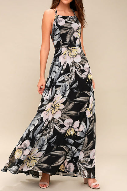 Black Floral Print Lace-Up Maxi Dress