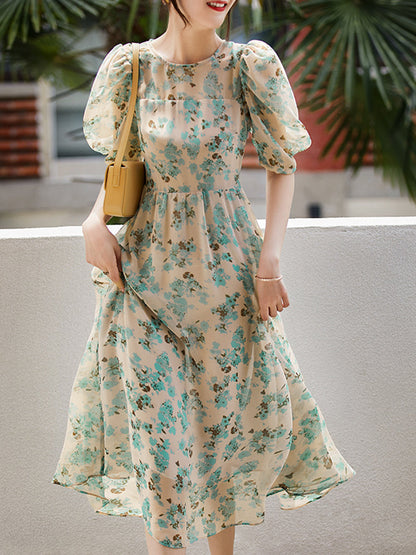 ina Elegant Puff Sleeve Printed Dress