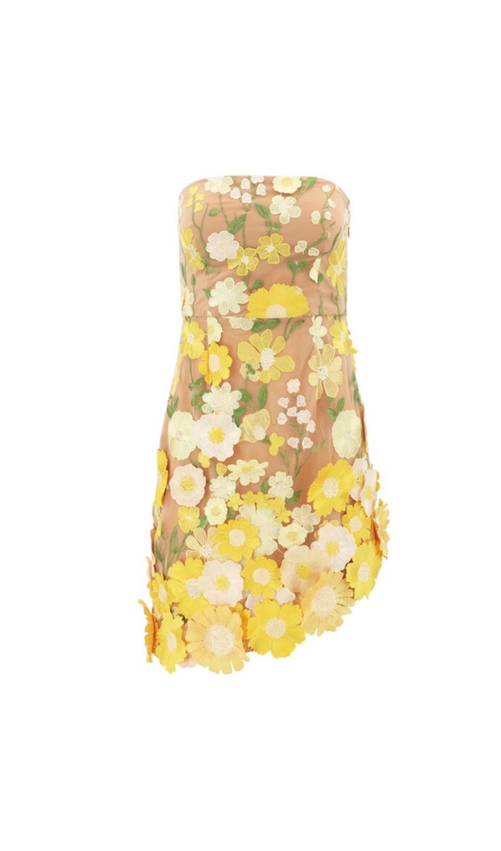 Yellow Floral Strapless Mini Dress - Summer Party Dress
