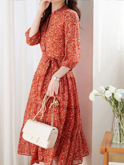 lyuba Vintage Ruffle Floral Chiffon Maxi Dress