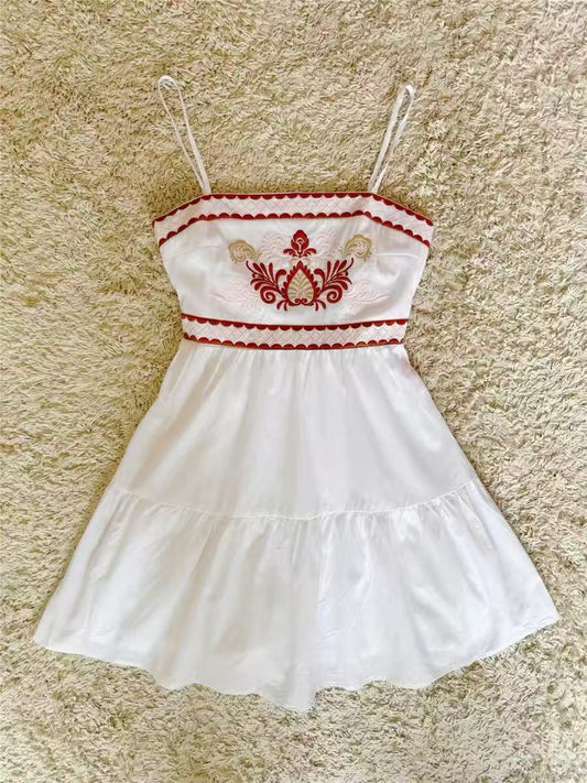 Bohemian exquisite embroidered bow lace-up cotton slip dress