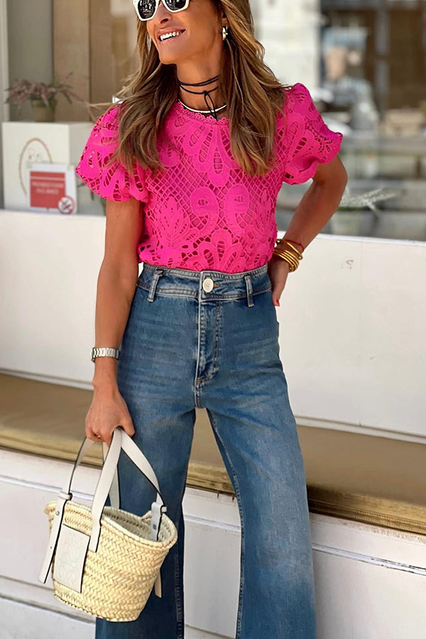 The Sun Crochet Lace Puff Sleeve Blouse