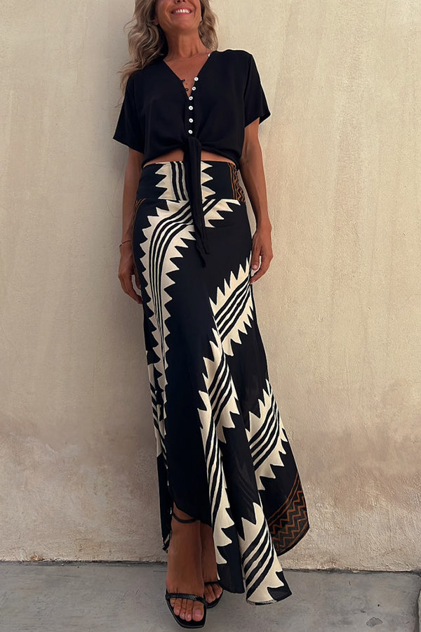 kelly Satin Geometric Print Elastic Waist Maxi Skirt