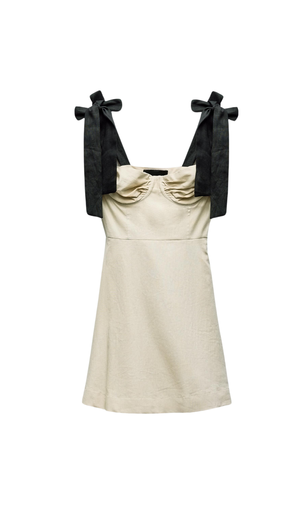 Linen Blend Mini Dress - Contrast Bow Detail Summer Dress