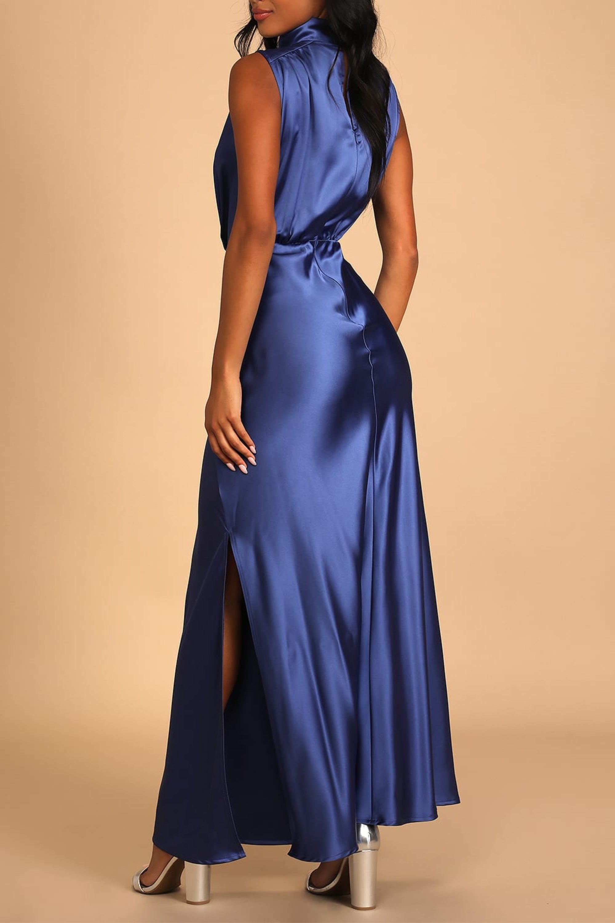 Blue Satin Sleeveless Mock Neck Maxi Dress