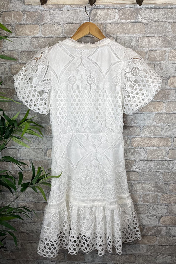 white Lace Puff Sleeve Button Up Mini Dress