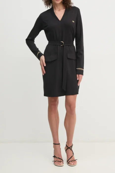 Ribbed V-neck mini dress in black
