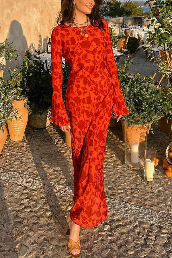 red Print Boat Neck Long Bell Sleeve Bias Cut Maxi Dress