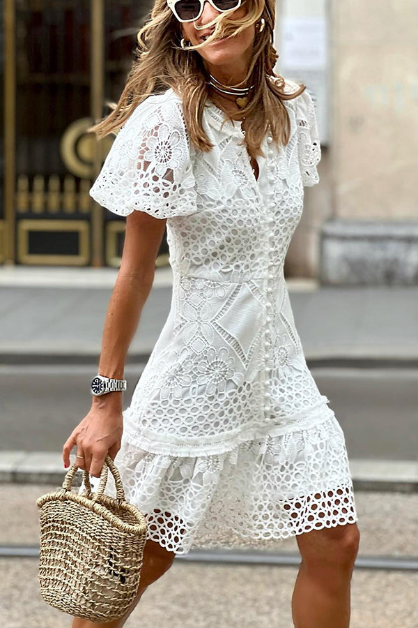 white Lace Puff Sleeve Button Up Mini Dress