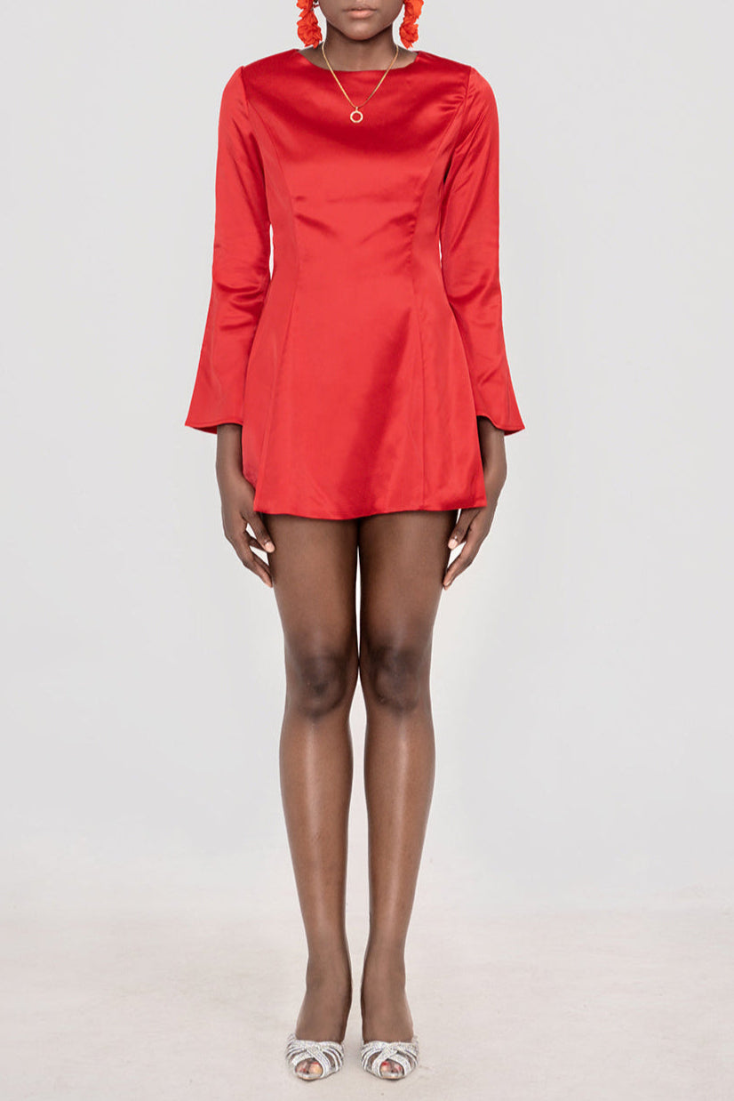 RANDA RED SATIN LONG SLEEVE MINI DRESS