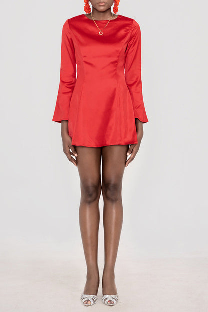 RANDA RED SATIN LONG SLEEVE MINI DRESS
