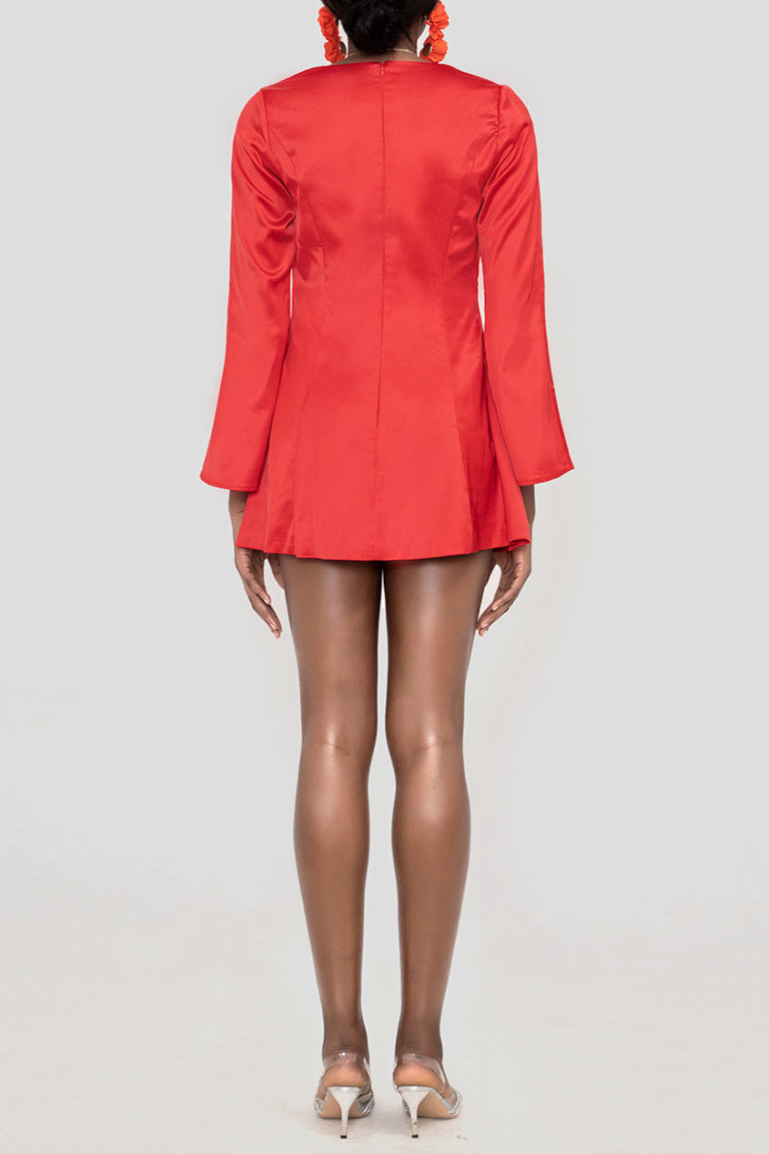 RANDA RED SATIN LONG SLEEVE MINI DRESS