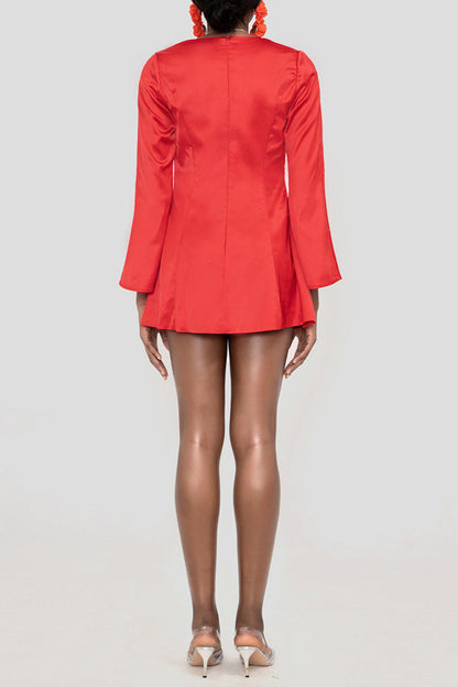 RANDA RED SATIN LONG SLEEVE MINI DRESS