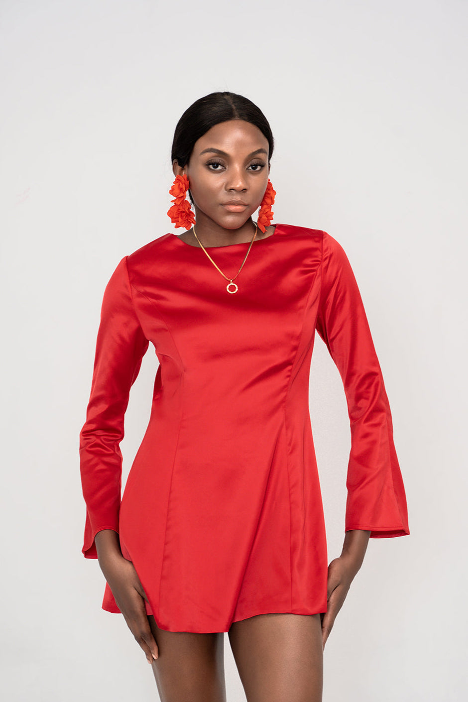 RANDA RED SATIN LONG SLEEVE MINI DRESS