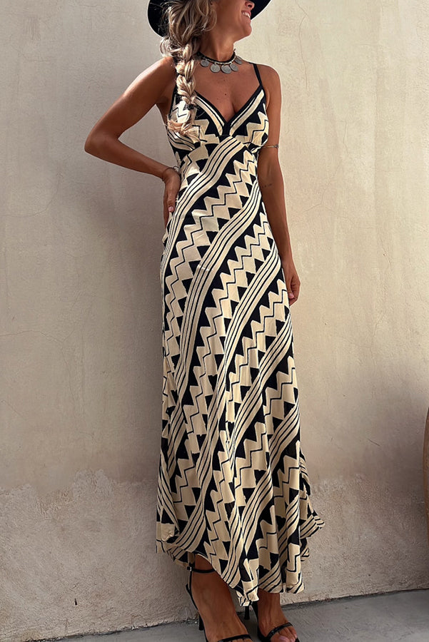 Satin Ethnic Print Smocked Back Midi Dress